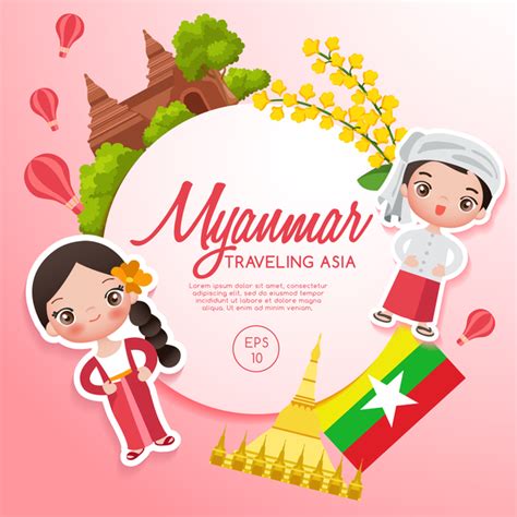 Myanmar travel cartoon template vector free download