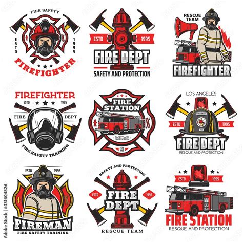 Firefighting icons, fire service retro emblems. Fire department station ...