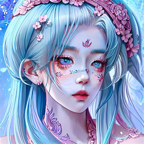 Anime girl with blue hair and butterfly face paint - SeaArt AI