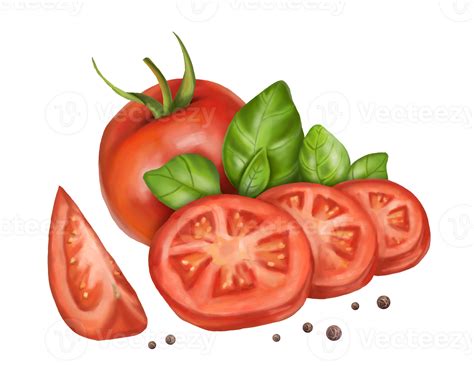 A composition of fresh red tomatoes, ripe basil leaves and black pepper. Slices, triangular ...
