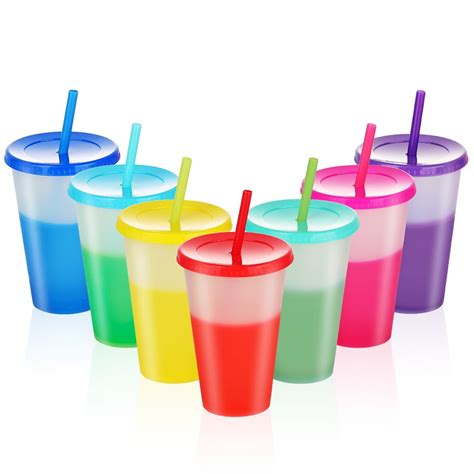 Reusable Plastic Tumblers with Lids & Straws - 7 Pcs 16oz Color Changing Cups for Adults Kids ...