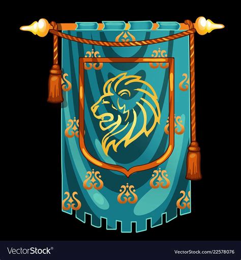 Medieval knight banner with image the head of a lion isolated on black ...