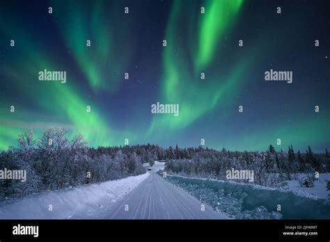 Northern light, aurora borealis in winter with snow, colorful with ...