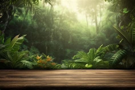 Premium AI Image | Empty of wood table top on beautiful tropical leaf from garden ...
