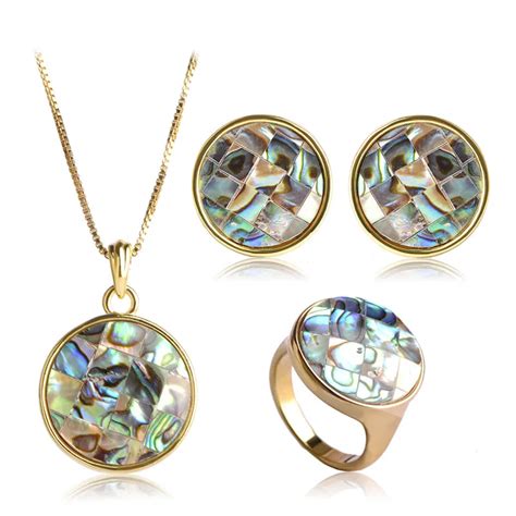 Elegant Abalone Shell Engagement Jewelry Sets Gold Color Round Pendant Necklace Earrings Ring ...