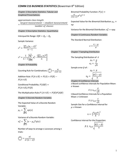 Business Statistics formula sheet - 1 COMM 215 BUSINESS STATISTICS ...