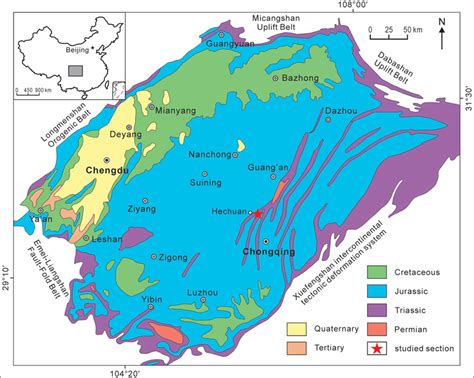 Simplified geological map of the Sichuan Basin showing the geological ...