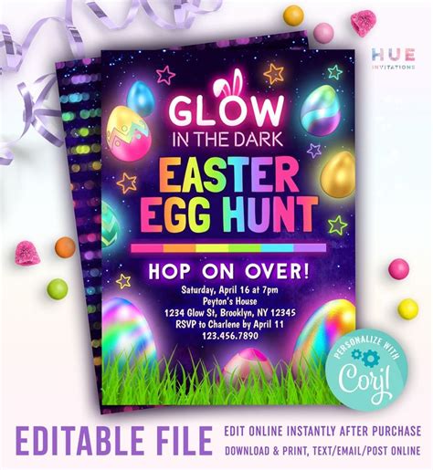 Glow in the Dark Easter Egg Hunt Editable Invitation Template Printable Glow Egg Hunt Invite ...