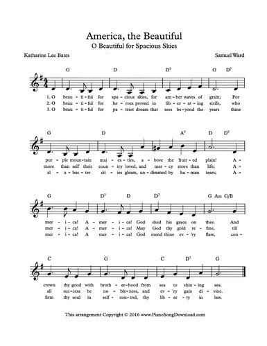 America The Beautiful Free Lead Sheet With Lyrics Piano Sheet Music ...