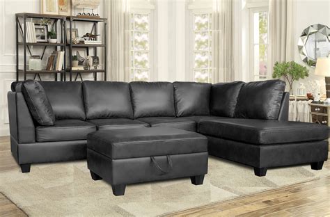 Julia Reversible Sectional Sofa with Ottoman in Black Leather Air