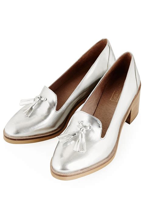 JANSKY Mid Heel Slip On Loafers in Silver-Topshop. Divine! Silver ...