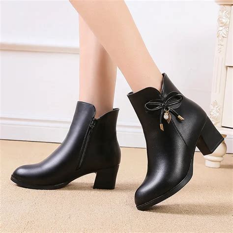 Women Boots Black Leather Ankle Boots For Women Bow High Heel Boots ...