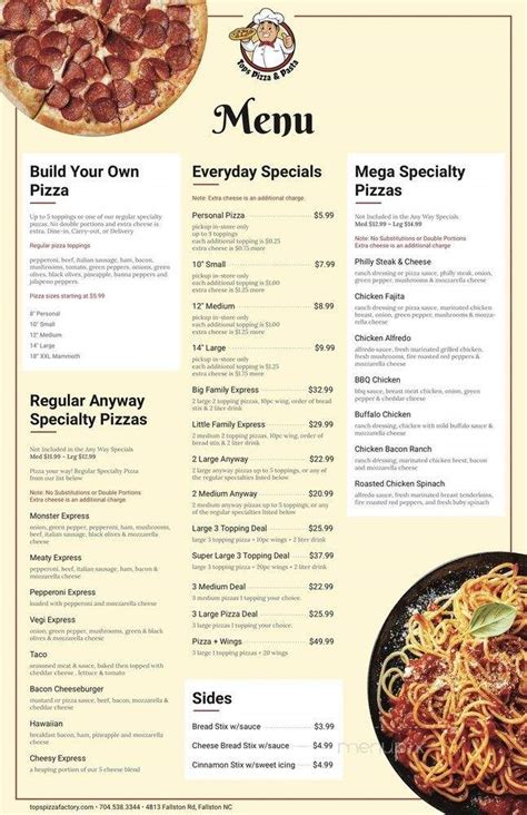 Online Menu of Tops Pizza Factory, Lawndale, NC