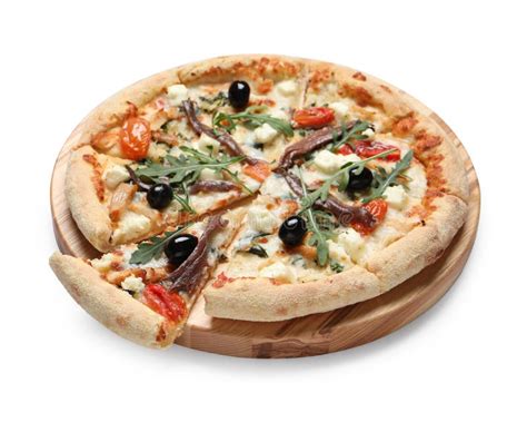 Tasty Pizza with Anchovies, Arugula and Olives on White Stock Photo ...