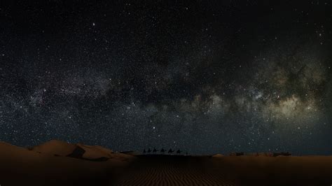 Sahara, sand, nature, dunes, black, sky, landscape, desert, stars, camels, night sky HD Wallpaper