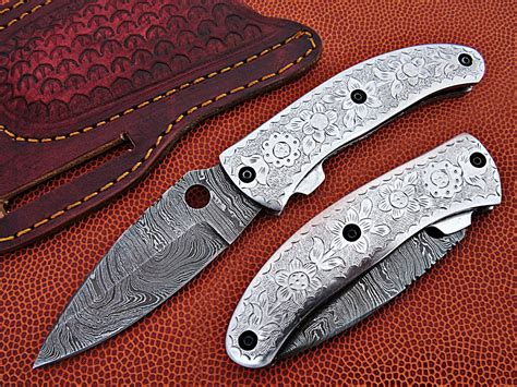 Handmade Damascus Folding Knife Silver Engraved Pocket knive