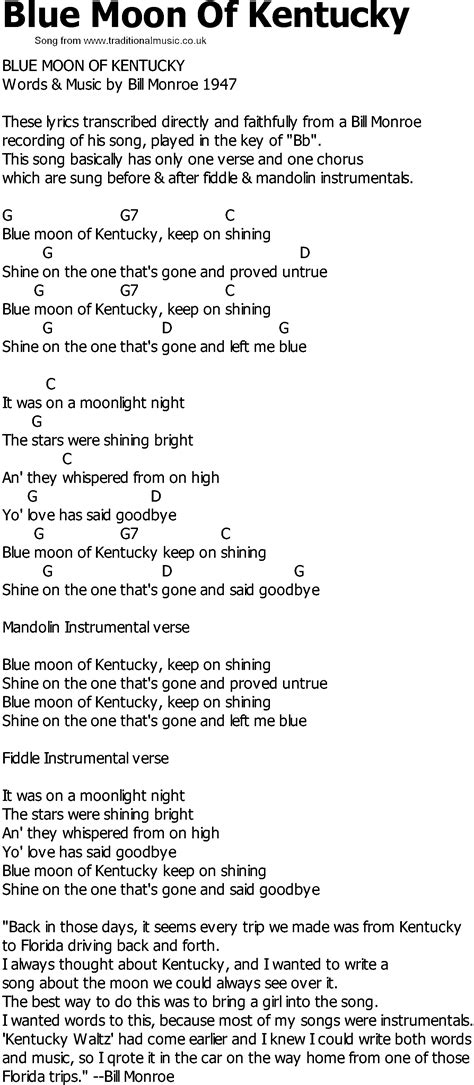 Old Country song lyrics with chords - Blue Moon Of Kentucky