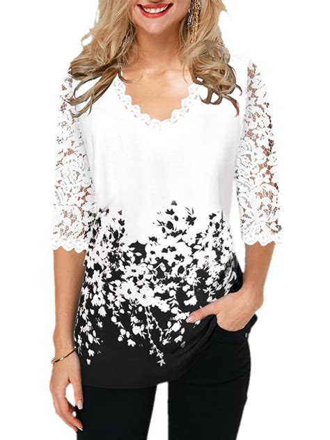 Women's Plus Size 3/4 Sleeve V Neck Shirt Floral Loose Blouse Lace ...