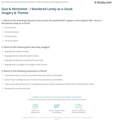 Quiz & Worksheet - I Wandered Lonely as a Cloud: Imagery & Themes ...