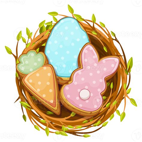 Nest with cute bunny, carrot, egg biscuit cookies 18734631 PNG