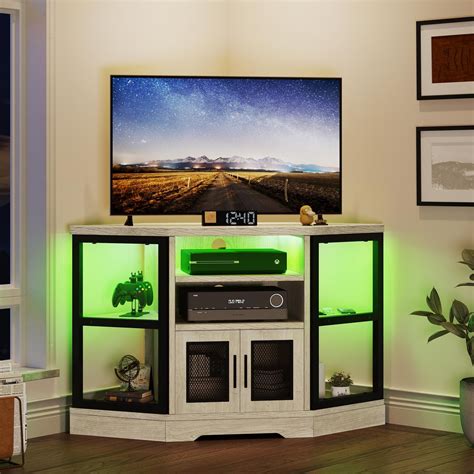 Corner TV Stand with Power Outlets & LED Lights TV Console ...