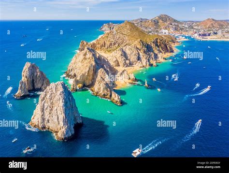 Aerial view of Lands End and the Arch of Cabo San Lucas, Baja California Sur, Mexico, where the ...