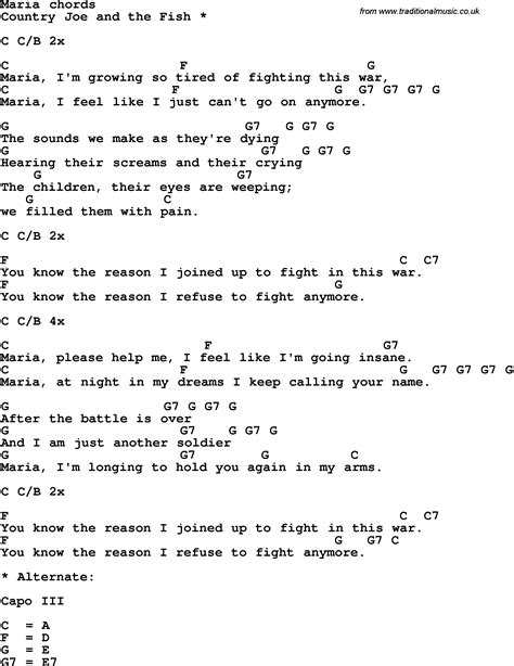 Song lyrics with guitar chords for Maria