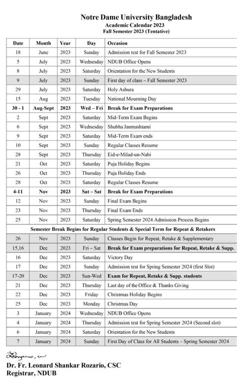 Academic Calendar for Fall Semester 2023 (Tentative) - Notre Dame ...