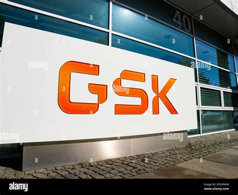 GSK logo of the global pharma company. New sign of the former GlaxoSmithKline plc. Global ...