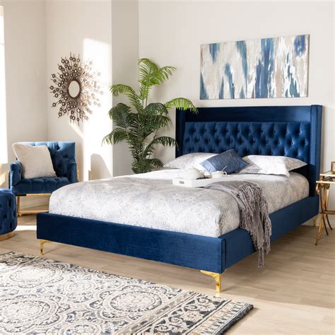 Baxton Studio Valery Modern and Contemporary Navy Blue Velvet Fabric Upholstered King Size ...