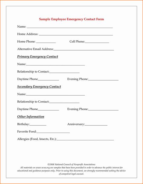 Emergency Contact Form Template Free Web Emergency Contact Card Directions: - Printable ...