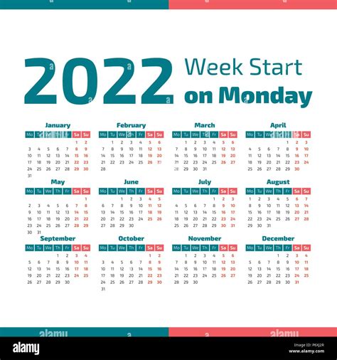 Simple 2022 year calendar, week starts on Monday Stock Vector Image ...