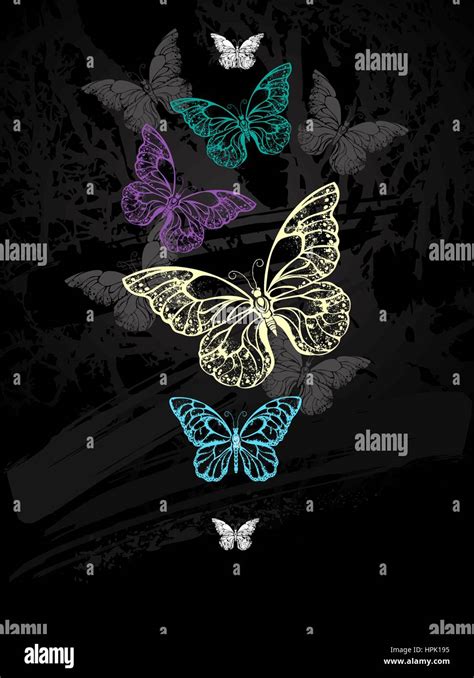 flock of colorful butterflies morpho drawn with chalk on black ...