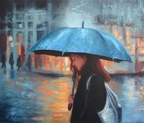 Rain, night, umbrella... Painting by Elena Oleniuc | Saatchi Art