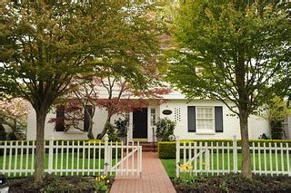 White house white fence, black shutters, trees, Blue Ridge… | Flickr