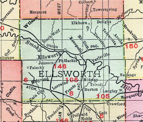 Ellsworth County, Kansas, 1911 Map, Ellsworth City, Kanopolis, Holyrood