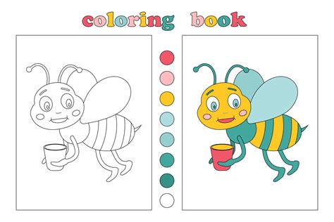 Coloring book for kids, coloring page with small bee and pot of honey ...