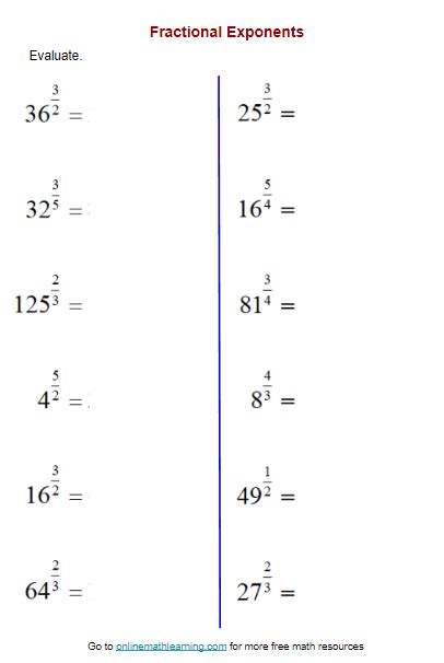 Fractional Exponents Worksheet (printable, online, answers, examples)