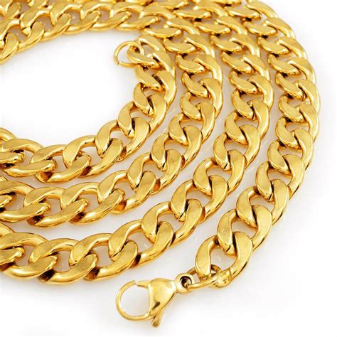 18K Yellow Gold Cuban Miami Link Chain Solid Stainless Steel Curb Mens Necklace | eBay