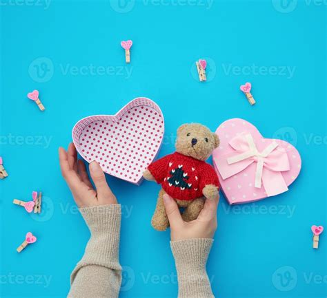 female hands holding a small brown teddy bear, on a blue background an ...