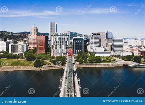 Aerial View of Downtown Portland Oregon Over Hawthorne Bridge Stock ...