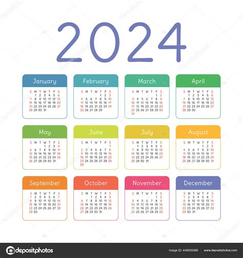 Calendário 2024 Ano Bolso Quadrado Vetorial Colorido Inglês Modelo ...