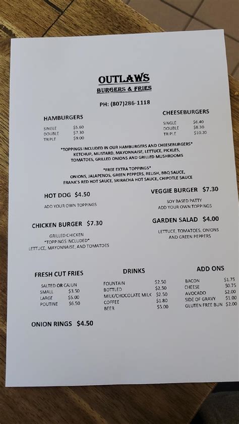 Menu at Outlaws Burgers and Fries restaurant, Thunder Bay