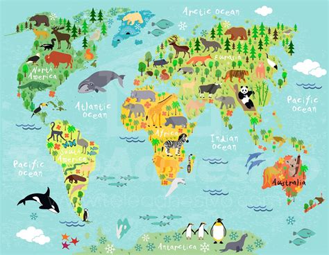 Kids wall sticker world map children's continents and animals ...