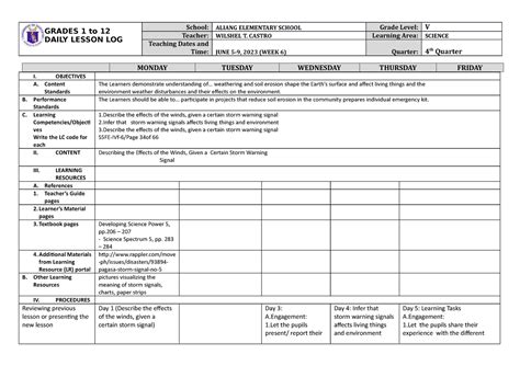 Grade 5 DLL Science 5 Q4 Week 6 - GRADES 1 to 12 DAILY LESSON LOG School: ALIANG ELEMENTARY ...