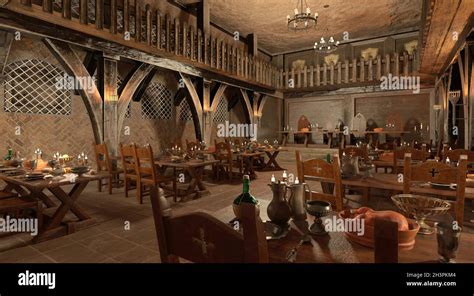 3D illustration medieval castle great hall interior Stock Photo - Alamy