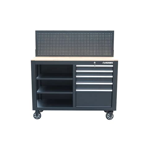 Husky 52-inch 5-Drawer Mobile Workbench with Wood Top and Pegboard in Black | The Home Depot Canada