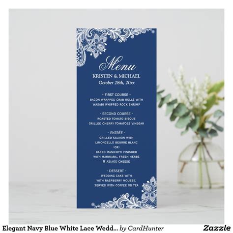 Elegant Navy Blue White Lace Wedding Menu Template | Zazzle | Wedding menu template, Wedding ...