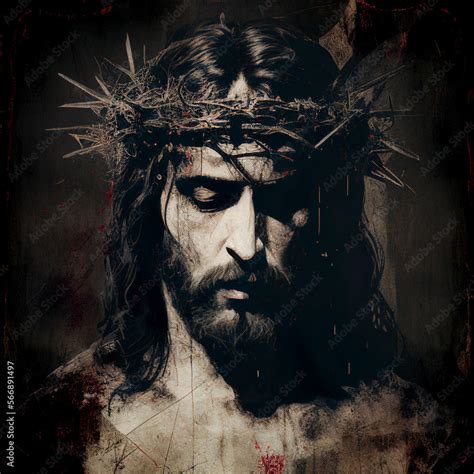 Jesus Christ wearing a crown of thorns in oil painting style, generative AI Stock Illustration ...