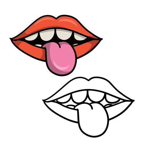 A set of color and sketch drawings, Bright pink lips with white teeth and tongue, cartoon vector ...